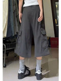 IFOMT Oversize American High Street Retro Pocket Cargo Shorts 2024 Summer New Wide Leg Pants Y2k Loose Straight Calf- Length