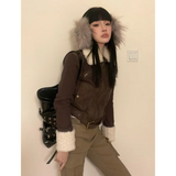 IFOMT Japanese Y2k Fur Coat Women American Retro Brown Knitted Jacket Vintage Korean Style Zipper  Winter 2000s Aesthetics