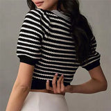 IFOMT Women's Striped Knitted Tops Y2K Short Puff Sleeve V Neck Bow Front Crop Sweater Shirt Casual Slim Blouses Streetwear