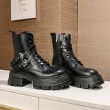 IFOMT Fashion Soft Leather Mid-calf Biker Boots Women Winter New Metal Buckle Design Chunky Heel Ankle Boots Punk Style Platform Boots