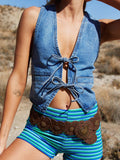 IFOMT Women Western-style Denim Vest Deep V Neck Tie Up Front Sleeveless y2k Jean Tank Top Low Cut Tight Fit Fashion Cropped Vest