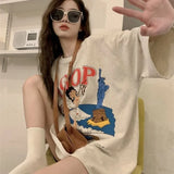 IFOMT Oversized Cartoon Printed T-shirt Women 2024 Spring Summer Mid-length Tee Shirt Y2k Harajuku Half Sleeve Loose Female Tops