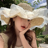 IFOMT Summer Lace Pearl Straw Hat for Women Children Korea Cute Large Brim Sun Hat Sweet Sunscreen Casual Cap Holiday Beach Cap