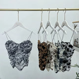 IFOMT Women Retro Tie Dye Printed Spaghetti Strap Camisole Sexy Mesh Pleated Short Tube Top With Breast Pads Sleeveless Casual Y2K Top