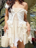 IFOMT Fairy E-girl Mini Dress Irregular Ruffles Hem Women Off Shoulder Bandage Backless Dress Lace Patchwork Cutout Beach Club