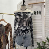 IFOMT See Through Retro Graffiti Print One Shoulder Mesh Long Sleeve Layered Shirt  For Women Drawstring Slim Fit Tshirt Y2K Top 8959