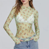 IFOMT Chic Sheer Tops for Women Long Sleeve Mock Neck Lace Mesh Top Sexy See Through Floral Tee Shirt Layering Blouse Y2k Streetwear