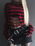 IFOMT Women Goth Punk Long Sleeve Crewneck Striped T Shirt Y2k Grunge Cutout Crop Tops Halloween Christmas Pullover Top