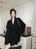 IFOMT Oversize Elegant V-neck Cardigan Coat Women Autumn Winter New Lace Up Slim Waist Knitted Tops Y2k Long Sleeve Sweaters Mujer