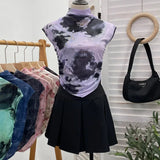 IFOMT Women's Retro Tie Dye Printed Mesh Short Sleeve T-Shirt Chic Sexy Folded Irregular Hot Girl Navel-Baring Vest Top 8721 Outfits
