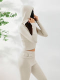 IFOMT Women Cozy Ribbed Knit Lounge Set Long Sleeve Zip Up Hoodie with High Waist Wide Leg Pant 2 Piece Loungewear Ensemble Casual Set