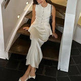IFOMT Summer Fashion Knitted Skirt Suit Sleeveless Vest Pocket Slit High Waist Long Skirt Elegant White Ribbed Knitwear Outfits