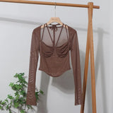 IFOMT Women Square Neck Tie Halter Mesh See Through Long Sleeve T-shirt Sexy Lce Up Slim Fit Short Slit Cuff Top PartyClub Streetwear