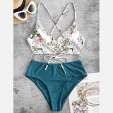 IFOMT 2024 Summer Womens 2 Piece Swimsuits Floral Printed Spaghetti Strap Swim Top High Waisted Bikinis Sets Female Beach Bathing Suit