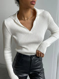 IFOMT Elegant Lapel Knitted Pollovers For Women Slim Striped Solid Color Polo Sweater Long Sleeve Female 2024 Autumn Fashion