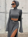 IFOMT Loose Side Slit Skirt Two Piece Sets Womens Outfits 2024 Women Dress Sets Short Long Sleeve Hoodies And Skirts Suit Femme