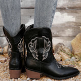 IFOMT  Black Embroidery Western Cowboy Boots Women Plus Size Thick Heels Ankle Boots Woman Pointed Toe Slip On Short Booties