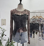 IFOMT Women Raw Edge Denim Spliced Tie-Dye Mesh Irregular T-Shirt Vintage Sexy See Throgh Top Y2K Top Casual Holiday Club Streetwear