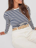 IFOMT Autumn Women Striped Long Sleeve Crop Top Casual Basic Tee Slim Fitted Crew Neck Pullover Tight Shirts Streetwear