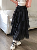 Ifomt White Black Long Skirt Women Crochet Lace Skirt 2023 Goth Lolita Summer High Waisted High Low Ruched Ruffle Pleated Skirts rok