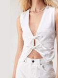 IFOMT Women Western-style Denim Vest Deep V Neck Tie Up Front Sleeveless y2k Jean Tank Top Low Cut Tight Fit Fashion Cropped Vest