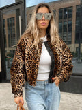 IFOMT Women Fashion Leopard Print Bomber Jacket Casual Loose Long Sleeve Zipper Cropped Coat 2024 Autumn Lady High Street Outerwear