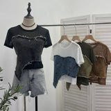 IFOMT Women Vintage Sexy See Throgh Top Y2K Top Washed Raw Edge Denim Pacthwork Mesh Short Sleeve Shirt Casual Holiday Club Streetwear