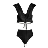 IFOMT 2024 V Neck Fringe Trim Bikini Swimsuit High Waist Swimwear with Skirt for Women Halter Bathing Suits Print Summer Female