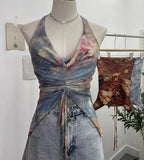 IFOMT Women's Resort Swing Collar Drawstring Strap Halter Vest Tie-Dye Mesh Top Sexy Backless Irregular Vest Party Leisure Essential