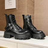IFOMT Fashion Soft Leather Mid-calf Biker Boots Women Winter New Metal Buckle Design Chunky Heel Ankle Boots Punk Style Platform Boots