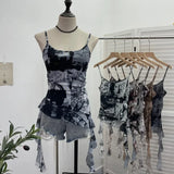IFOMT Women's Wasteland Style Chic Lettering Tie-Dye Printed Mesh Top Hot Girl Irregular Ribbon Adjustable Spaghetti StrapsTank Top