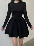 IFOMT Black Long Sleeve O Neck Pleated Dress