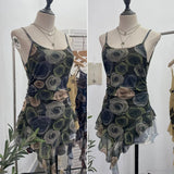 IFOMT Sexy Hot Girl Mesh Printed Camisole Slim Fit Irregular Ribbon Ruffled Sleeveless Top Ruffled Vest Party Essential Club Streewear
