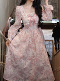 Pink Floral Print Dress Women Elegant Square Collar Puff Sleeve Dress Female French Style Vintage Kawaii Lace Bow Long Dresses