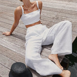 IFOMT Wide Leg Pants Sets For Women 2023 Sleeveless Backless Crop Tops Ladies Loose Casual Trouser Suirt Womens Outfits Summer