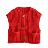 IFOMT Casual Solid Round Neck Knitted Vest Women's Elegant Sleeveless Single-breasted Pocket Vests 2024 Female Commuting Knitwear