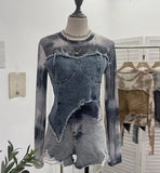 IFOMT Women's Sexy See Throgh Top Y2K Vintage Washed Raw Edge Denim Pacthwork Mesh Long Sleeve Shirt Casual Holiday Club Streetwear