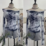 IFOMT Women's Retro One Shoulder Tie Dye Print Mesh Long Sleeve Top Irregular Pleated Slim T-shirt Blouse PartyClub Wear Streetwear