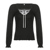 IFOMT Women Y2k Lace Trim Fairy Aesthetic Shirt Sexy Black Scoop Neck Long Sleeves Slim Fit Top 2000s Vintage Clothings Streetwear