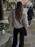 IFOMT Women Fashion Grey Faux Fur Lapel Warm Jackets Oversized Long Sleeve Crop Warm Coat 2024 New Winter Lady Thickened Outerwear