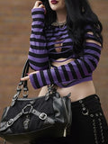 IFOMT Women Goth Punk Long Sleeve Crewneck Striped T Shirt Y2k Grunge Cutout Crop Tops Halloween Christmas Pullover Top