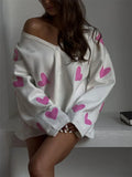 IFOMT Knitted Women Cardigan Long Sleeve Loose Deep V Neck Sweater Women's Casual Embroidery Heart Women Autumn Coat 2023 New