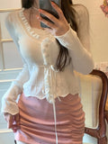 IFOMT Fake Two Piece Pink V-neck Tops Women 2024 Summer New Slim Fit Fungus Sweaters Y2k E-Girl Long Sleeve Knitted Cardigan