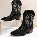 IFOMT  Black Embroidery Western Cowboy Boots Women Plus Size Thick Heels Ankle Boots Woman Pointed Toe Slip On Short Booties