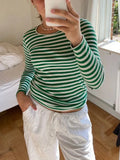 IFOMT Y2K Cottage Tops Women's Knitted T-Shirts Striped Contrast Color Slim Fit Long Sleeve Round Neck Casual Tops