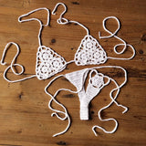 IFOMT Women Sexy Handmade Bikini Sets Crochet Flower Solid Color Lace Thong String Swimwear Sunbathing Swimsuit Beach Wear Lace-up