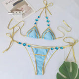 IFOMT 2024 Sexy Rhinestones Bikinis Set Women Swimwear Solid Color Swimsuit Crystal Shinning Diamond Bathing Suit Biquini Beachwear