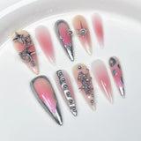 IFOMT 10pc Detachable Long Stilette Pink False Nails Metal Relief Design Fake Nail Y2k Hot Girl Full Cover Acyrlic Press On Nails Tip