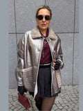 IFOMT Shiny Sliver Fur Leather Patchwork Short Coats Women Fashion Lapel Single Breasted Pocket Jacket 2024 New High Street Outwear