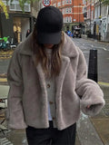 IFOMT Women Fashion Grey Faux Fur Lapel Warm Jackets Oversized Long Sleeve Crop Warm Coat 2024 New Winter Lady Thickened Outerwear